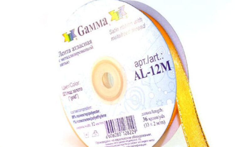 Лента атласная "GAMMA" ш-12 мм желтый с метал.золотой.нитью AL-12М/015 уп.31м